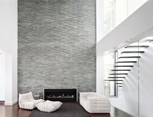 Modern Fireplace Brick Wall White Armchairs Minimalist STairs